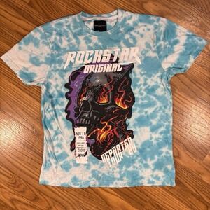 Y2K Rockstar Original Skull Flame Tie Dye Graphic T Shirt Punk Goth Streetwear M